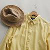 春季鹅黄色纯棉全棉蜂巢网格，翻领纯色衬衫衬衣亮色男外贸原单长袖