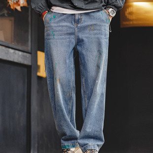 马登工装美式复古泼墨涂鸦牛仔裤，浅蓝色竹节纹，水洗直筒伐木裤男春