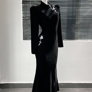 黑色新中式国风改良鱼尾洋装女冬季长裙法式赫本风气质礼服裙子