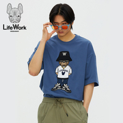 lifework韩版T恤法斗logo大胸标帅气潮款个性男士百搭深蓝色上衣