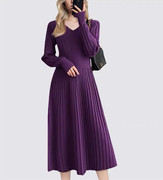 欧美名媛秋季2023女装修身显瘦毛衣针织连衣裙气质紫色裙子搭