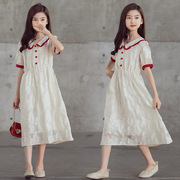 女童蕾丝连衣裙白色娃娃领夏季短袖中大儿童，演出礼服公主网纱长裙