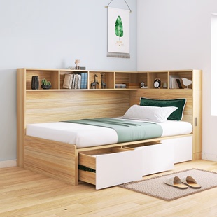 书架床一体靠墙卧室转角床侧边柜定制简约收纳小户型榻榻米储物床