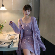 心蓝grace紫色花朵毛衣开衫套装，女春秋宽松羊毛，针织背心裙两件套