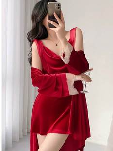 高级感丝绒波浪领吊带睡裙女秋冬两件套装纯欲风性感红色睡衣私房