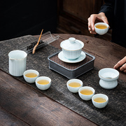 影青功夫茶具套装家用会客整套白瓷简约盖碗青瓷家用泡茶茶杯套装