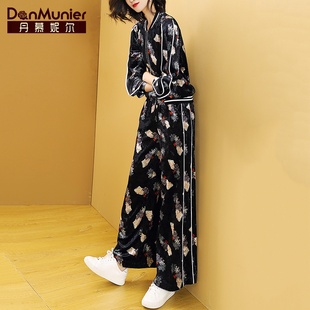 丹慕妮尔丝绒运动套装女印花棒球服长裤春秋季休闲两件套