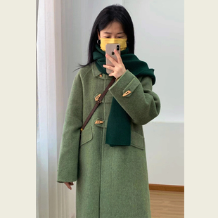 韩版高级感赫本风秋冬小个子，呢子大衣绿色，牛角扣中长款毛呢外套女