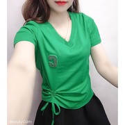 韩国休闲v领短袖t恤女2023夏季纯色洋气时尚百搭宽松显瘦上衣