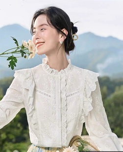 茵曼法式荷叶边衬衫，女装2023年秋季纯棉长袖，衬衣小飞袖白上衣