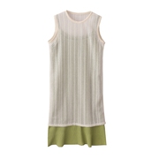 夏季小众设计感褶皱绿色吊带裙+蕾丝镂空罩衫背心裙两件套装