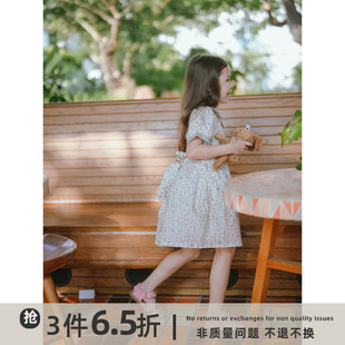 史豌豆(史豌豆)女童可爱小翻领收腰复古短袖，连衣裙2023夏季儿童公主裙