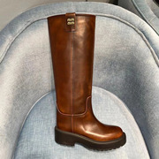 美拉德风欧美棕色长靴复古高级感法式厚底骑士靴网红真皮高筒女靴