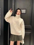 麻花米白色高领针织毛衣女2023年冬季套头衫宽松休闲上衣