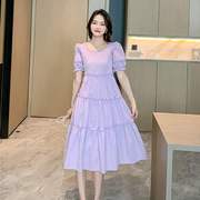 香芋紫色短袖连衣裙女2024年夏季方领泡泡袖蛋糕裙子