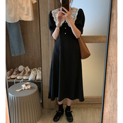 中长款黑色短袖连衣裙，2023年秋季蕾丝，花边修身小黑裙