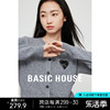 Basic House/百家好爱心毛衣女春季短款绵羊毛圆领针织开衫