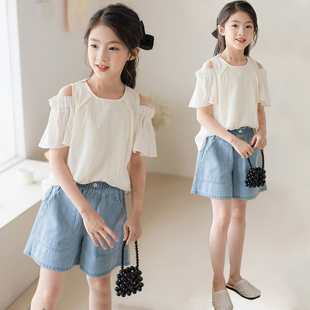 韩国童装女童短袖t恤纯棉夏季中大童露肩上衣儿童娃娃衫牛仔短裤