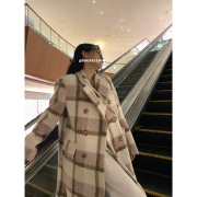 王少女的店粉色复古格纹西装式毛呢大衣2024秋冬高级气质长款外套