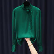 欧货绿色缎面衬衫上衣女装秋装百搭长袖衬衣气质洋气小衫