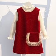 女童裙子秋冬装红色洋气毛呢，背心连衣裙毛衣新年装公主儿童两件套