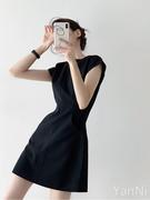 黑色短袖连衣裙女2023夏气质(夏气质，)收腰显瘦立裁小个子圆领短裙子小黑裙