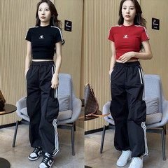 欧货时尚套装女夏季韩版两条杠短袖T恤+休闲裤运动跑步洋气两件套