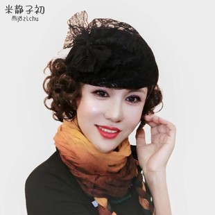 蕾丝小贝雷帽遮白发绣脸型韩国风(韩国风)发饰，欧美复古蝴蝶结礼帽时尚发箍