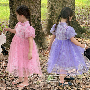 女童复古短袖连衣裙2023夏装宝宝，洋气改良旗袍裙子，儿童中式公主裙