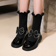 女童黑色皮鞋2023秋冬季洋气公主袜靴儿童弹力，靴加绒短靴大童鞋子