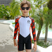 男童游泳衣连体短裤长袖防晒中大童运动泳装，跨境温泉沙滩韩版