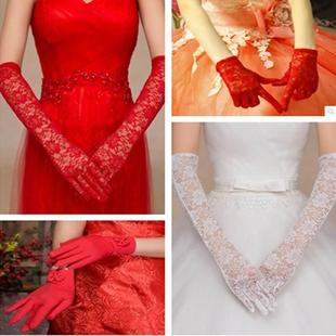 新娘婚纱手套蕾丝红色白色结婚婚庆婚礼薄款手套短款长款缎面手套