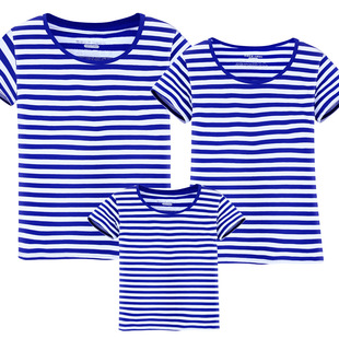 男女童纯棉宝蓝色条纹亲子短袖，t恤衫六一幼儿园演出海军半袖打底6