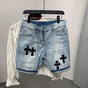 欧货潮牌十字架贴皮修身牛仔短裤男士夏季个性韩版水洗蓝色五分裤