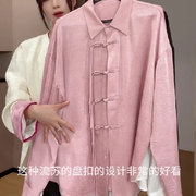 高级感新中式中国风夏装，金丝绒时尚温柔设计感盘扣粉色上衣衬衫女