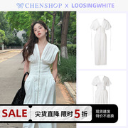 loosingwhite时尚白色印花束腰，连衣裙显瘦百搭chenshop设计师品牌