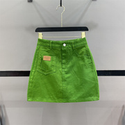 绿色牛仔短裙女2024夏季设计感破口袋高腰显瘦a字包臀半身裙