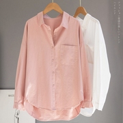 出口外贸高端衬衫，女韩版宽松纯棉粉色衬衫，女中长款休闲上衣