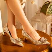 pjjuu婚纱鞋 金色婚鞋粗跟孕妇舒适高跟鞋水晶新娘鞋子水钻单鞋女