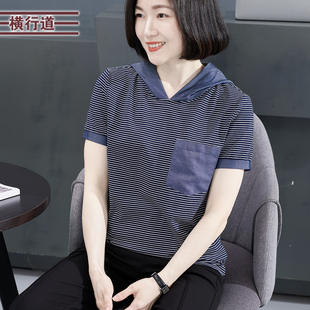 2024夏季海军风连帽拼接条纹，宽松短袖t恤大码上衣服女装小衫