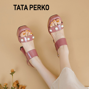 TATA PERKO联名女季优雅珍珠一字带凉鞋防水台粗跟真皮露趾高跟鞋