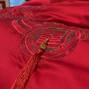 高端140支匹马棉刺绣四件套，全棉大红色婚庆龙凤，被套新婚中式床品