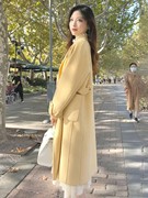 秋冬季黄色双面羊绒呢子大衣女2024韩系中长款小香风毛呢外套