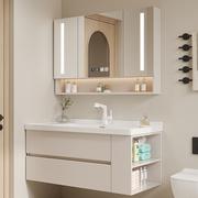 镜柜组合洗脸奶油浴室柜侧边洗脸池，收纳盆手盆风，简约现代一体法式