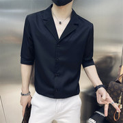 男士衬衫夏季短袖薄款韩版潮流修身寸衬休闲7七分中袖冰丝V领衬衣