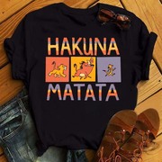 Hakuna Matata Tshirt 个性卡通狮子印花短袖圆领男女黑色T恤女