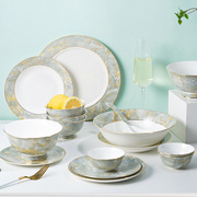 欧式碗碟套装家用轻奢现代陶瓷，餐具大理石纹创意高档碗盘组合礼盒