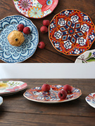 陶瓷家用菜盘子手彩绘餐具日式美式平盘田园民族风牛排西餐圆托盘