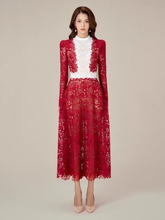 越南设计师重工水溶刺绣大红色，撞色结婚敬酒服礼服裙长袖连衣裙