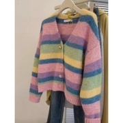 糖果色v领彩虹条纹拼色设计感毛衣外套女秋冬季彩色外穿针织开衫